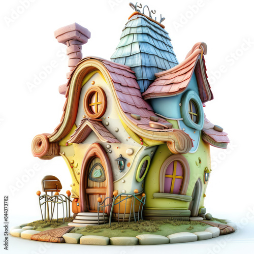 3D cartoon funny fairytale house isolated on a white background. Illustration for children's room decor, wallpaper. Print on fabric, paper, clothing photo