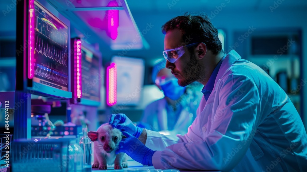 Veterinarian examining an experimental animal's health in a high-tech lab, digital diagnostics, neon lighting, high detail, modern equipment Veterinarian examining an experimental animal's health in a high-tech lab, digital diagnostics, neon lighting, high detail, modern equipment