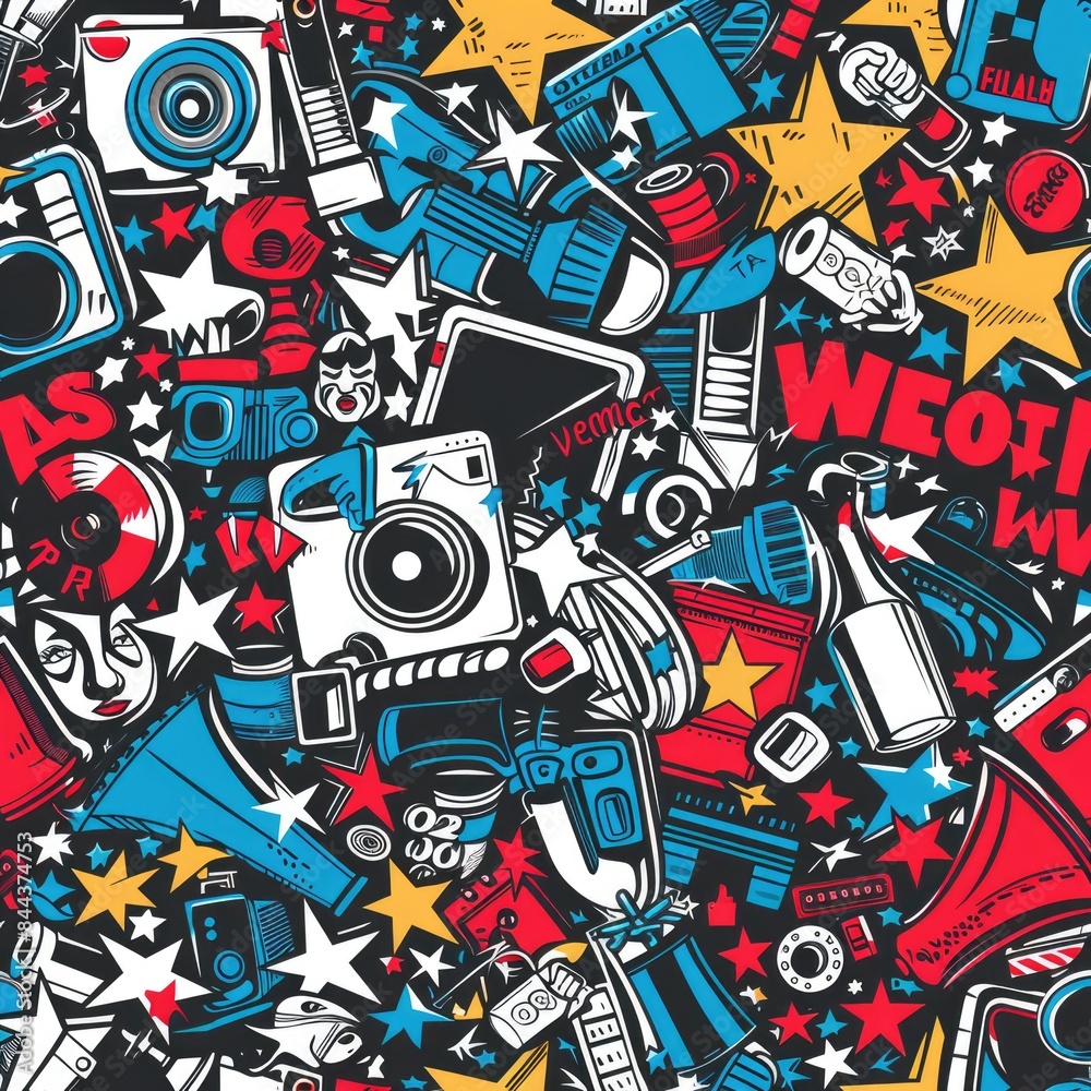 Create a seamless background of Hollywood and film industry symbols, designed to tile perfectly without visible seams, a seamless pattern Create a seamless background of Hollywood and film industry symbols, designed to tile perfectly without visible seams, a seamless pattern