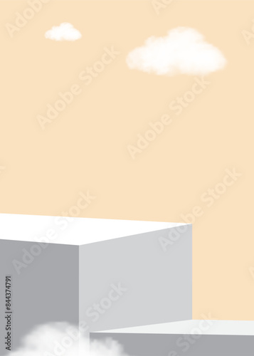 Sky Cloud on Yellow Background,3d White Podium display for cosmetic product present for Autumn,Vector Scene Minimal modern geometric architecture shape,Vertical Design platform for Summer,Winter