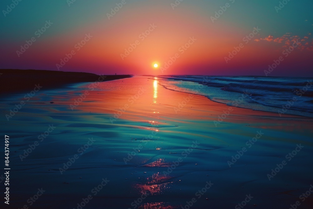 Obraz premium Sunset Reflections on a Coastal Beach
