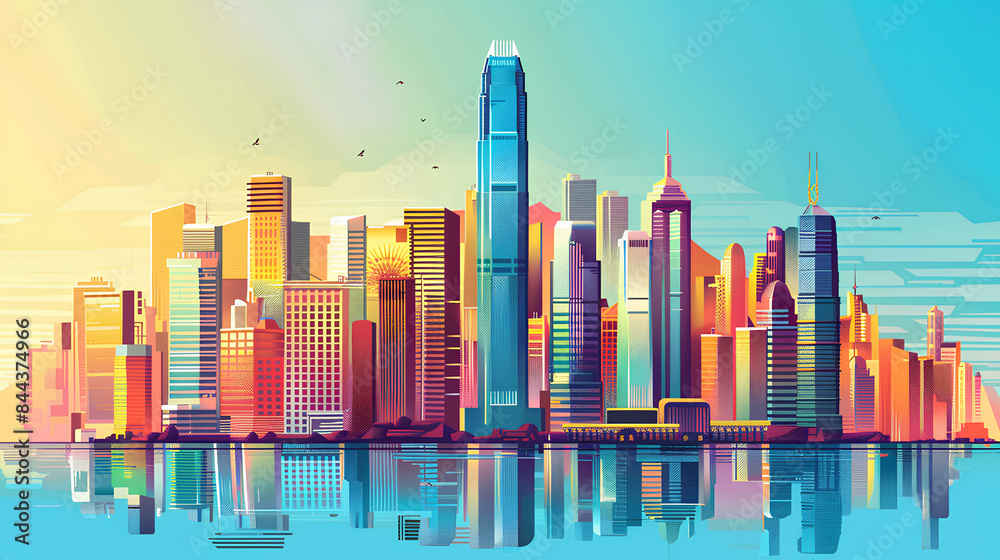 Obraz premium Skyline of a vibrant business district with iconic architectural landmarks
