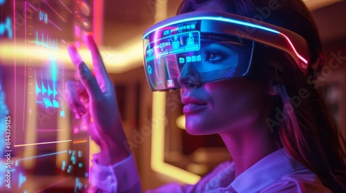 Guest using augmented reality for hotel services, holographic interface, futuristic technology, sleek design, neon accents, high detail