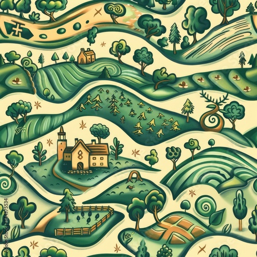Design a seamless background with Irish countryside and Celtic symbols, suitable for use as a repeating pattern, a seamless pattern