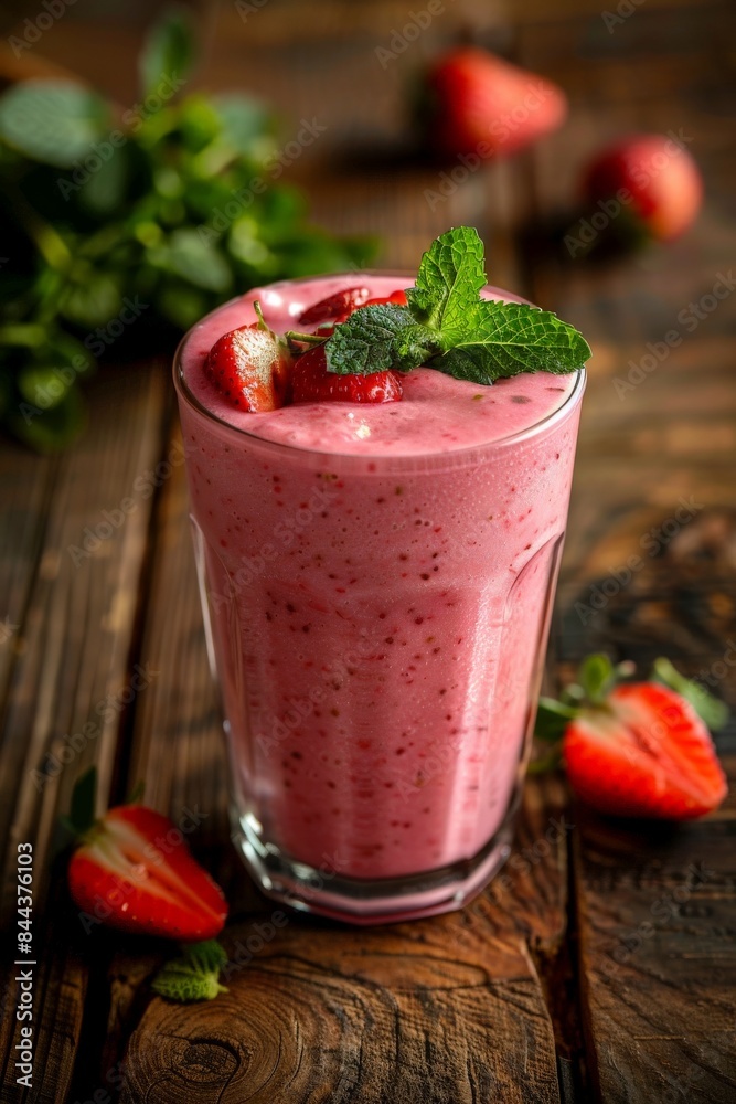 Close Up Of Fresh Strawberry Mint Smoothie On Wooden Table Close Up Of Fresh Strawberry Mint Smoothie On Wooden Table