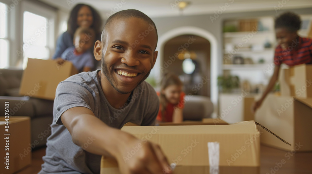 child african american Excited, laughing, playing in new house, having fun unpacking, black family moving concept child african american Excited, laughing, playing in new house, having fun unpacking, black family moving concept