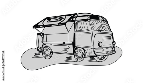 Illustration of a minibus on the road. Illustration of a cartoon food truck on a white background. design illustration of a mobile food stall built from a modified car. Food trucks