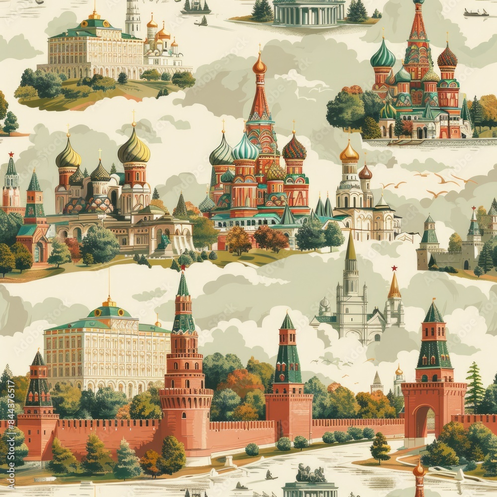 Fototapeta premium Design a seamless background with scenes from Russian history and famous landmarks, suitable for use as a repeating pattern, a seamless pattern