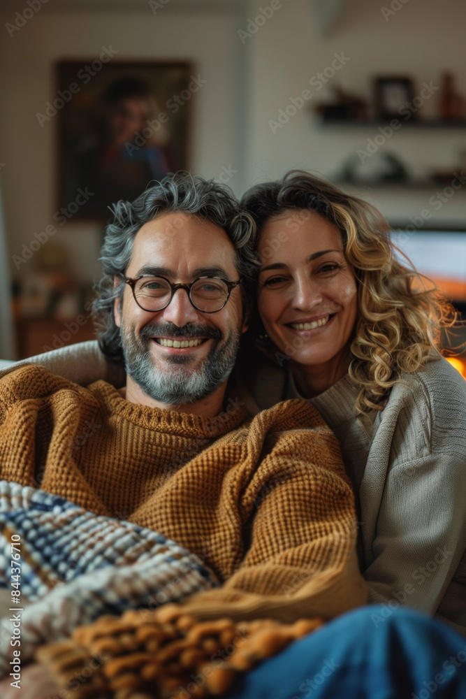 Smiling couple enjoying TV program on living room couch Smiling couple enjoying TV program on living room couch