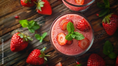 Fresh Strawberry and Mint Smoothie on Wooden Table