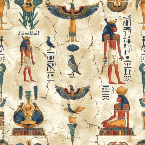 Design a seamless background with Egyptian tomb paintings and wall art, suitable for use as a repeating pattern, a seamless pattern