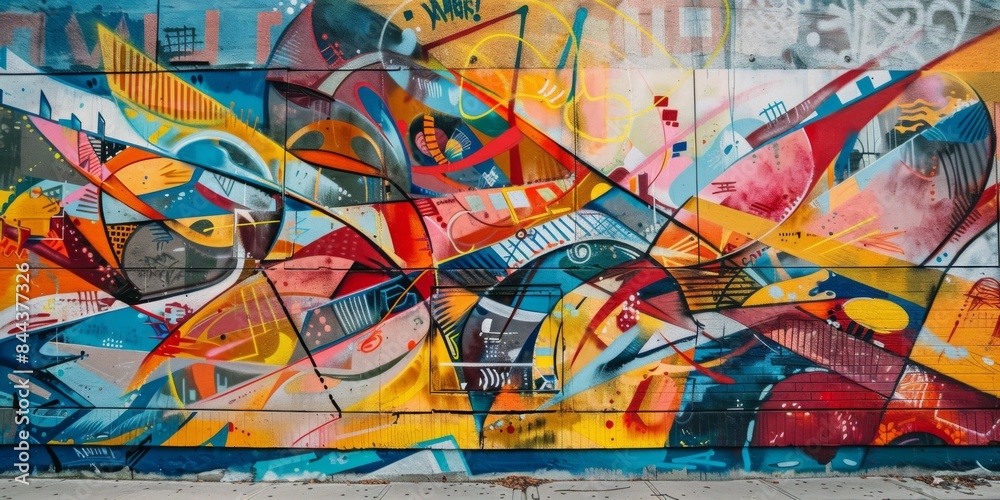 Fototapeta premium A Dynamic Street Art Scene with Vibrant Murals and Graffiti on a City Wall