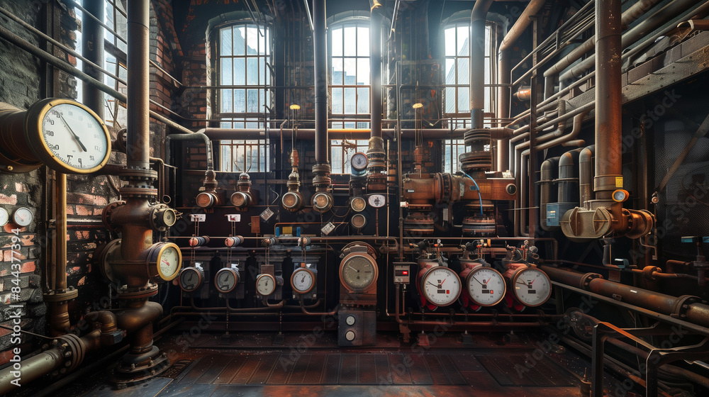 A large industrial hall with numerous pressure gauges and pipes. Their complex network creates a dynamic composition, suggesting that this place may be the heart of an advanced production process.