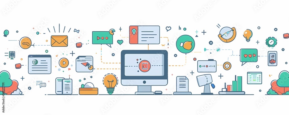 Flat design of digital marketing tools with social media management, scheduling posts, and engagement metrics Flat design of digital marketing tools with social media management, scheduling posts, and engagement metrics