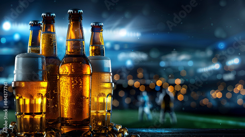 Cold beer bottles with bright night stadium scene in background. Sport, game and fresh drink. Championship football cup. Banner with copy space photo