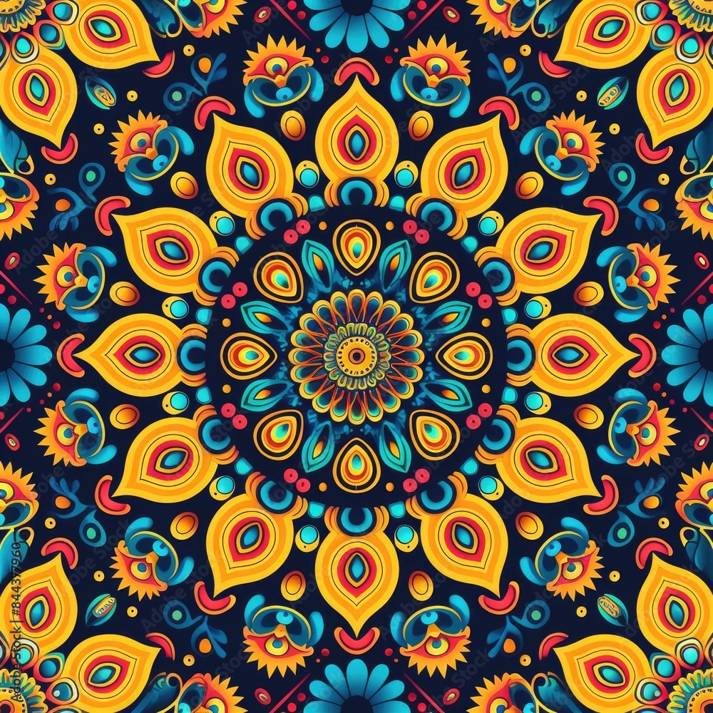 Design a seamless abstract background with intricate mandala patterns in vibrant colors, suitable for use as a repeating pattern, a seamless pattern