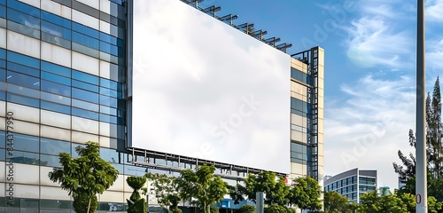 A large square blank billboard on a corporate park building near a busy suburban office hub.