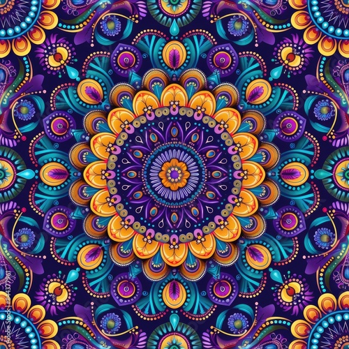 Design a seamless abstract background with intricate mandala patterns in vibrant colors, suitable for use as a repeating pattern, a seamless pattern