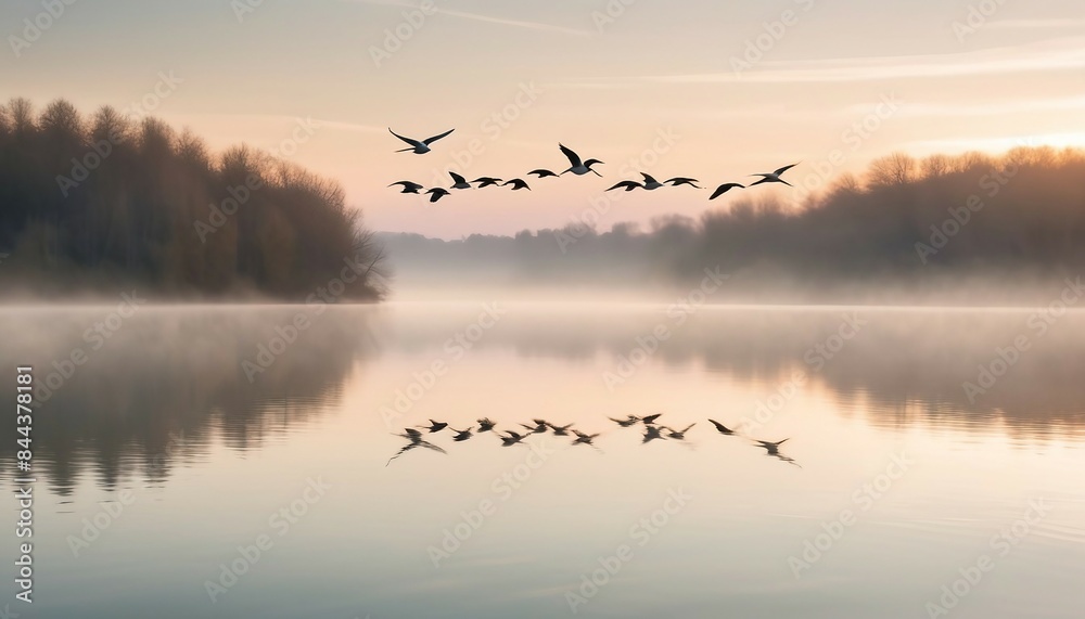 A flock of birds flying over a serene lake at sunset.