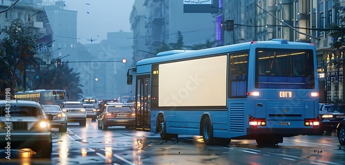 Morning cityscape features a pale blue bus with a backside blank billboard.