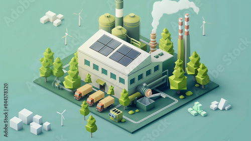 Isometric vector. Green. Industrial photovoltaic energy uses roof. Ecology concept, eco-factory for industry with photovoltaic energy and wastewater treatment.