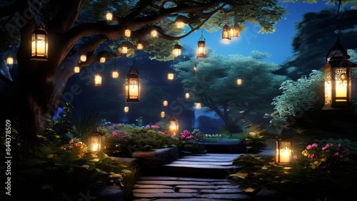 a tranquil outdoor scene at dusk. It shows a paved walkway with a wooden railing. Hanging above the walkway are rows of small  lighted lights that add a warm and welcoming glow.