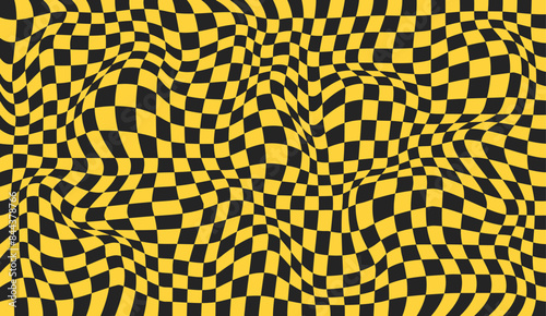 Checkered wavy pattern. Yellow and black distorted geometric graphic background. Chessboard surface with warped effect. Abstract design for banner. Awry chess square pattern. Vector illustration
