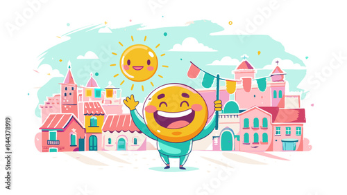 Cheerful Cartoon Characters Waving in Whimsical Castle Town