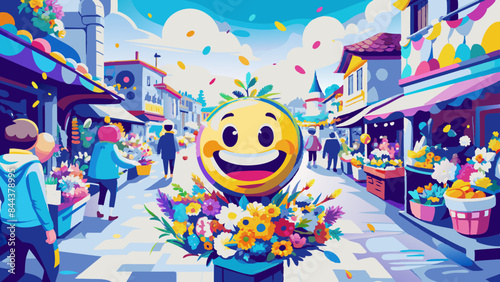 Whimsical Emoji Flower Shop in Vibrant Cartoon Market Town