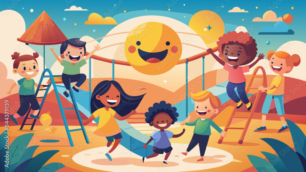 Fototapeta premium Joyful Kids Playing Outdoors at Sunset - Colorful Playground Scene