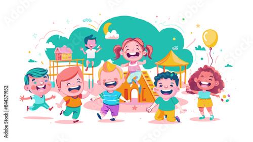 Cheerful Children Playing at Colorful Playground Illustration