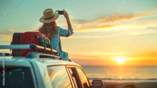 Woman capturing beautiful sunset at the beach from car roof. Traveling, adventure and vacation vibes.  AI photo