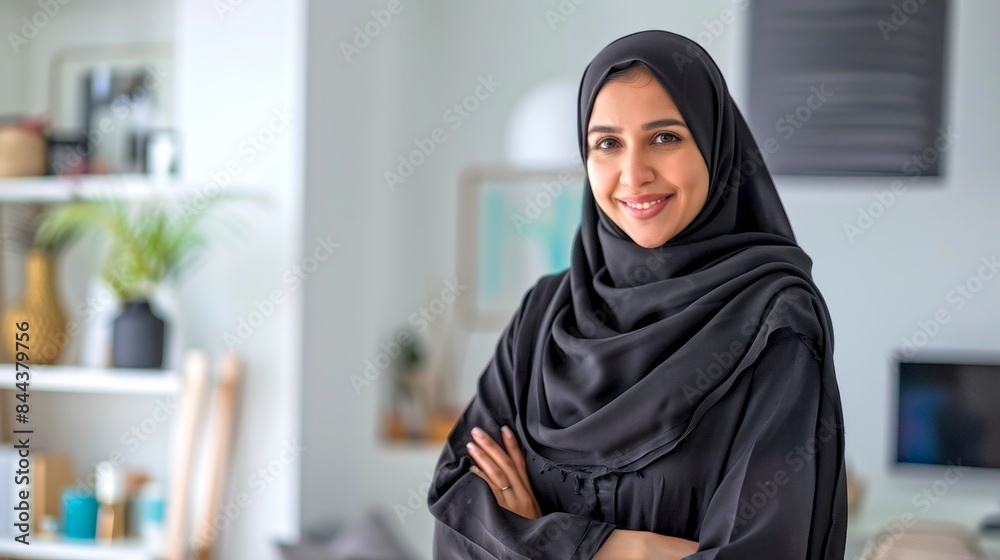 Portrait of a confident woman in a modern home interior. She is wearing traditional attire. AI-generated image for diverse representation in articles and advertisements. High quality and bright. AI Portrait of a confident woman in a modern home interior. She is wearing traditional attire. AI-generated image for diverse representation in articles and advertisements. High quality and bright. AI