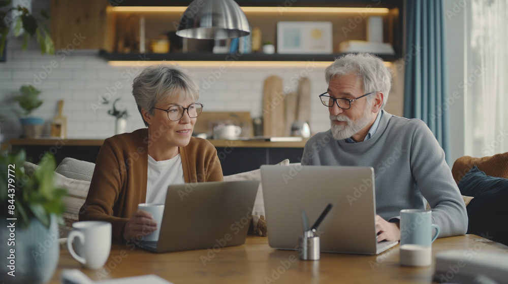 Senior couple, laptop and table in house with paper budget for investment Retirement and speaking, concepts, technology, documents, communication, online shopping Senior couple, laptop and table in house with paper budget for investment Retirement and speaking, concepts, technology, documents, communication, online shopping