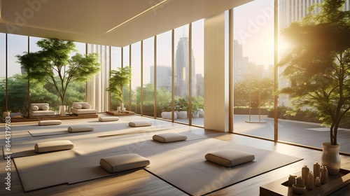 Yoga room with panoramic view of the city. 3d rendering © Iman