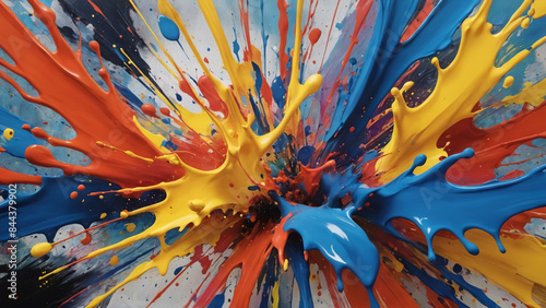 Dynamic abstract art with vibrant red, blue, and yellow paint splashes. Perfect for festive event backgrounds, holiday promotions, or creative designs needing an energetic, colorful atmosphere.