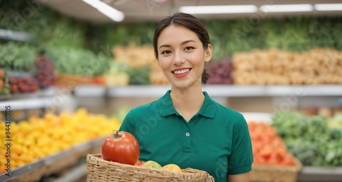 A woman in a green shirt holds a basket of fresh produce in a grocery store with vibrant fruits and vegetables. Ideal for marketing healthy living, groceries, autumn, Thanksgiving, and harvest festiva photo