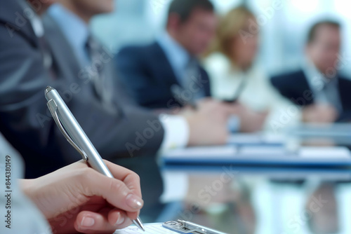 A close-up of a hand writing notes during a business meeting.  The image depicts focus and professionalism.