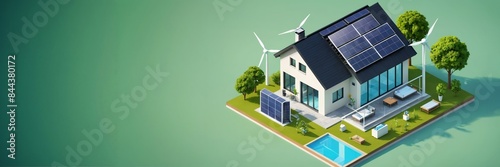 A modern eco-friendly house with solar panels and wind turbines in a green setting, designed for sustainability and renewable energy. Ideal for promoting environmental awareness and green energy initi photo