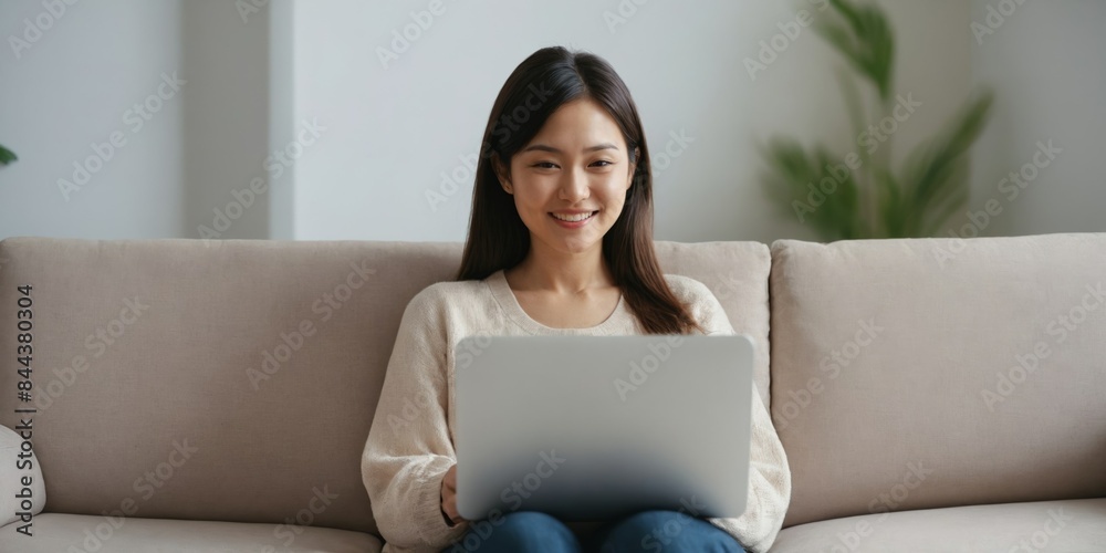 Woman sitting on a beige couch at home using a laptop and smiling, creating a warm and relaxed atmosphere. Suitable for remote work promotions, Mother's Day, Women's Day, or invitations. Woman sitting on a beige couch at home using a laptop and smiling, creating a warm and relaxed atmosphere. Suitable for remote work promotions, Mother's Day, Women's Day, or invitations.