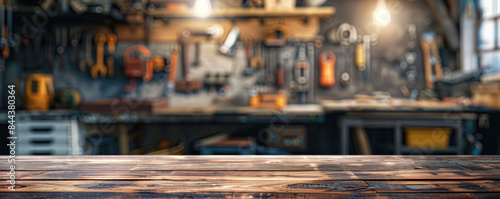 Empty wooden table top with blurred background of home workshop interior, mechanic tools and workbench in garage for product display montage.