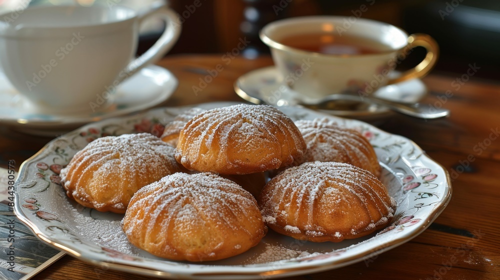Madeleines: A plate of delicate madeleines with their characteristic shell shape, lightly dusted with powdered sugar. Traditional French pastry. Madeleines: A plate of delicate madeleines with their characteristic shell shape, lightly dusted with powdered sugar. Traditional French pastry.