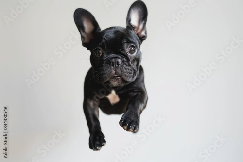 Adorable French Bulldog Puppy Mid-Leap Against White Background