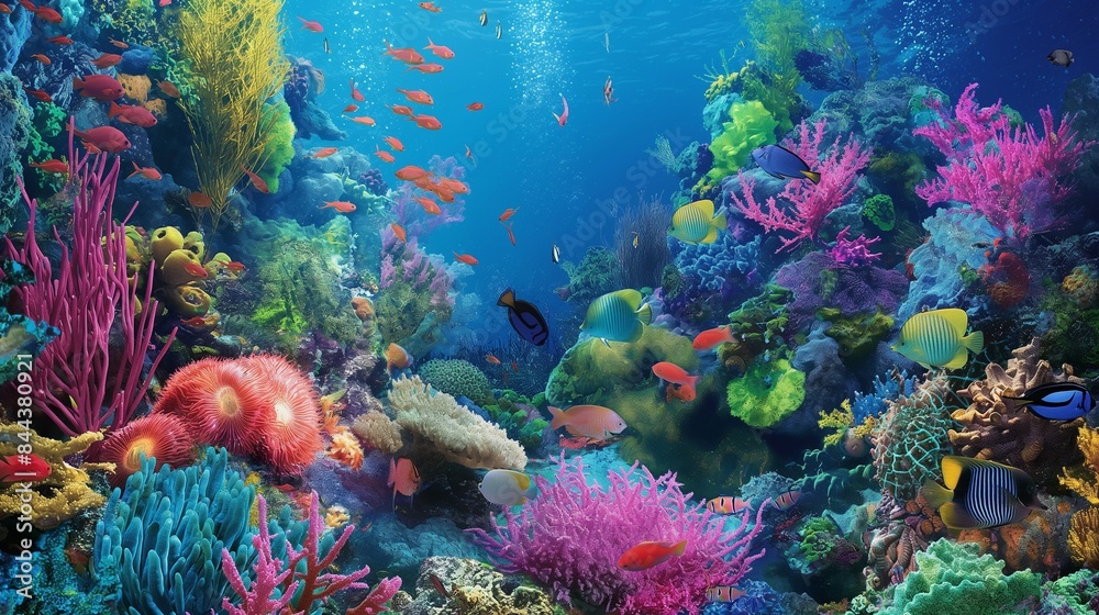 A vivid image of tropical fish swimming in a coral reef, with vibrant corals and diverse marine life creating a colorful underwater scene 32k, full ultra hd, high resolution