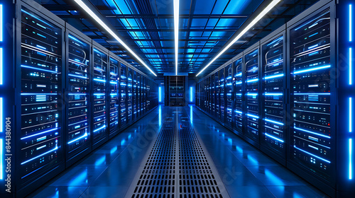 Futuristic data center with rows of server racks illuminated by LED lights