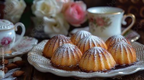 Madeleines: A plate of delicate madeleines with their characteristic shell shape, lightly dusted with powdered sugar. Traditional French pastry.