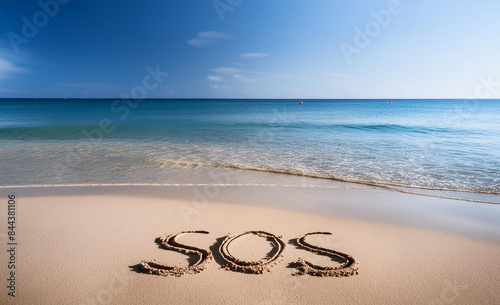 夏の海と砂浜に描かれたSOS