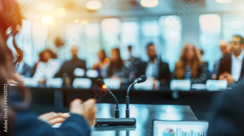 Wallpaper Mural a  of a blurred view of a panel discussion, with multiple business speakers and a moderator engaging with a professional audience, emphasizing diverse perspectives, b Torontodigital.ca