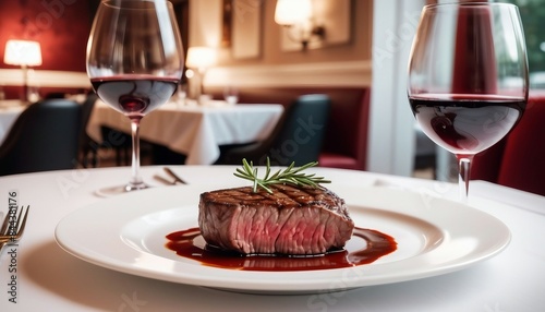 grilled red meat cooked medium rare on a white porcelain plate with one glass of red wine in a luxury restaurant 