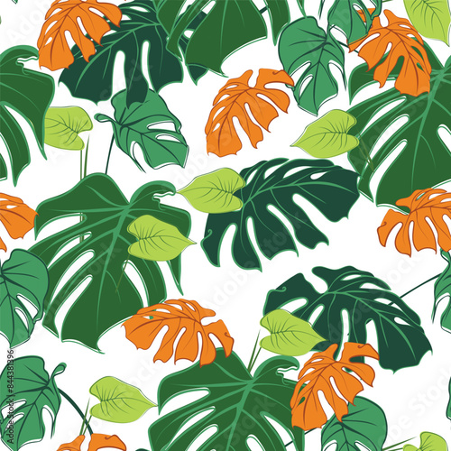 Autumn Monstera seamless pattern in drawn style. All-over pattern for nature and plant inspiring collection